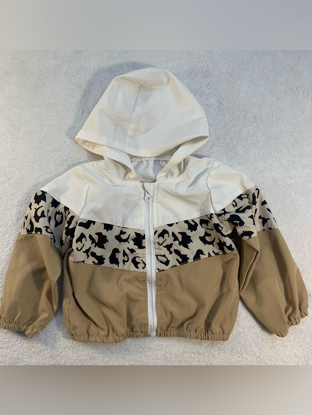 Kids Beige & White Hooded Windbreaker Jacket with Animal Print